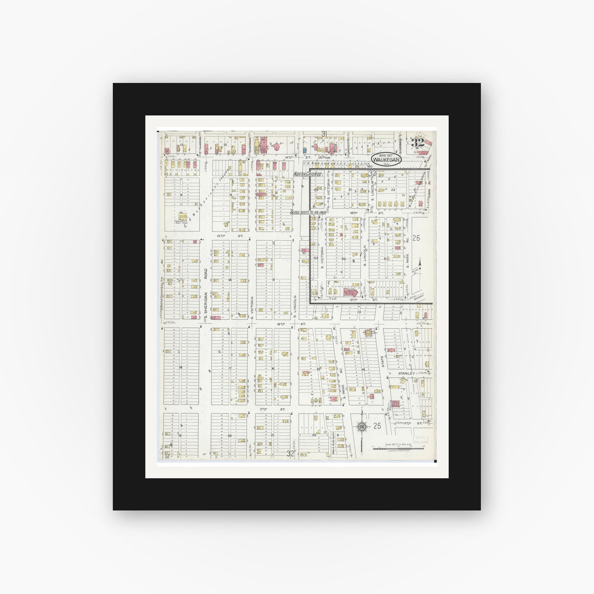 Old map wall art mockup — black gallery frame with white mat — Sanborn Fire Insurance Map from Waukegan, Lake County, Illinois (1917), Sheet #0032