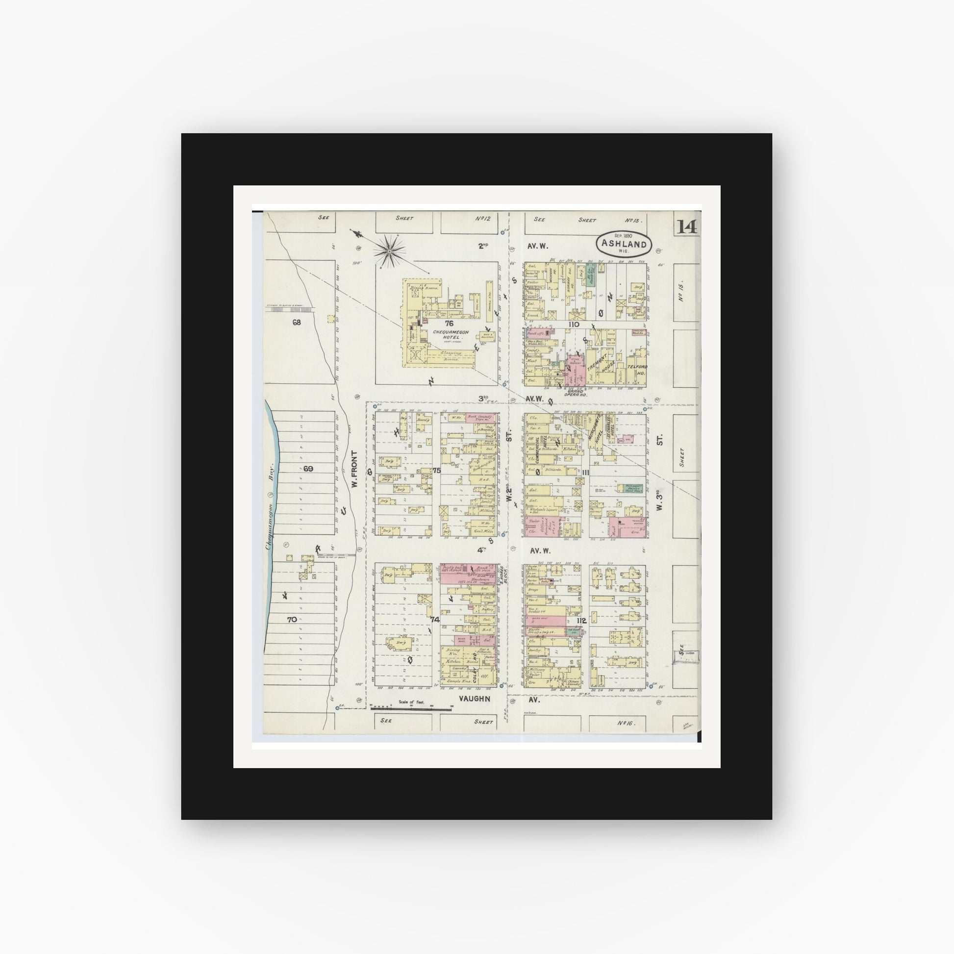 Old map wall art mockup — black gallery frame with white mat — Sanborn Fire Insurance Map from Ashland, Ashland County, Wisconsin (1890), Sheet #0014