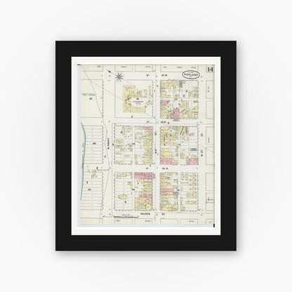 Old map wall art mockup — black gallery frame with white mat — Sanborn Fire Insurance Map from Ashland, Ashland County, Wisconsin (1890), Sheet #0014