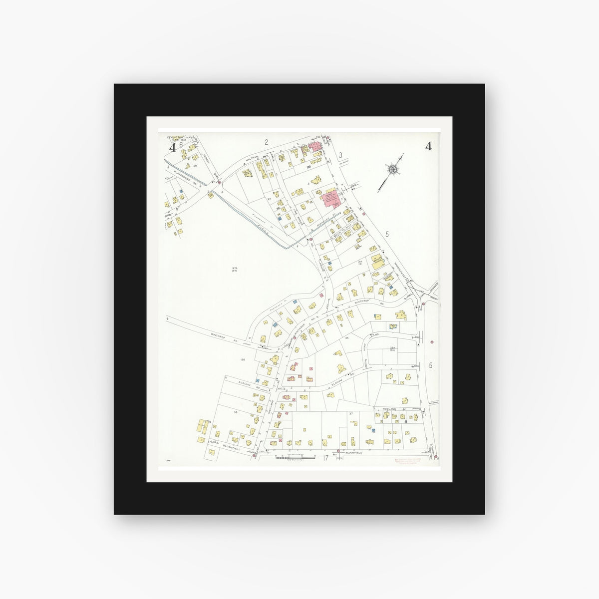 Old map wall art mockup — black gallery frame with white mat — Sanborn Fire Insurance Map from Lexington, Middlesex County, Massachusetts (1935), Sheet #0004