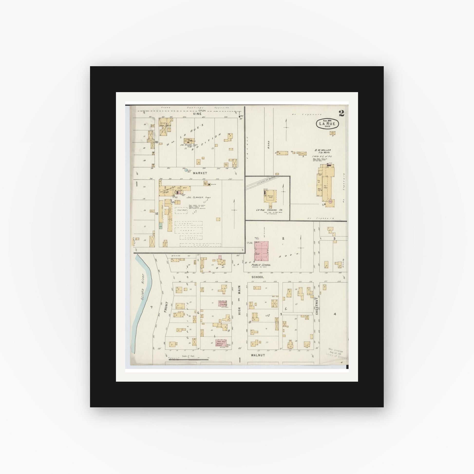 Old map wall art mockup — black gallery frame with white mat — Sanborn Fire Insurance Map from La Rue, Marion County, Ohio (1891), Sheet #0002