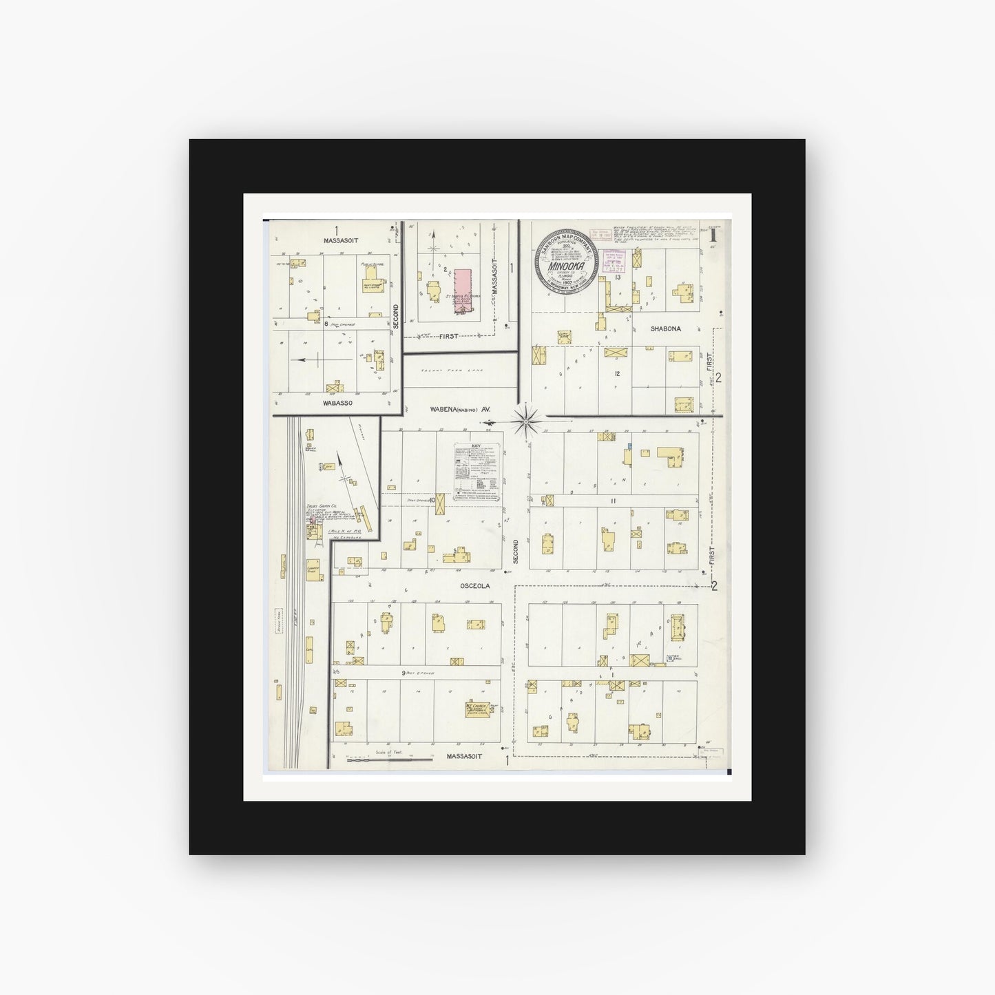 Old map wall art mockup — black gallery frame with white mat — Sanborn Fire Insurance Map from Minooka, Grundy County, Illinois (1907) - Complete Map Set