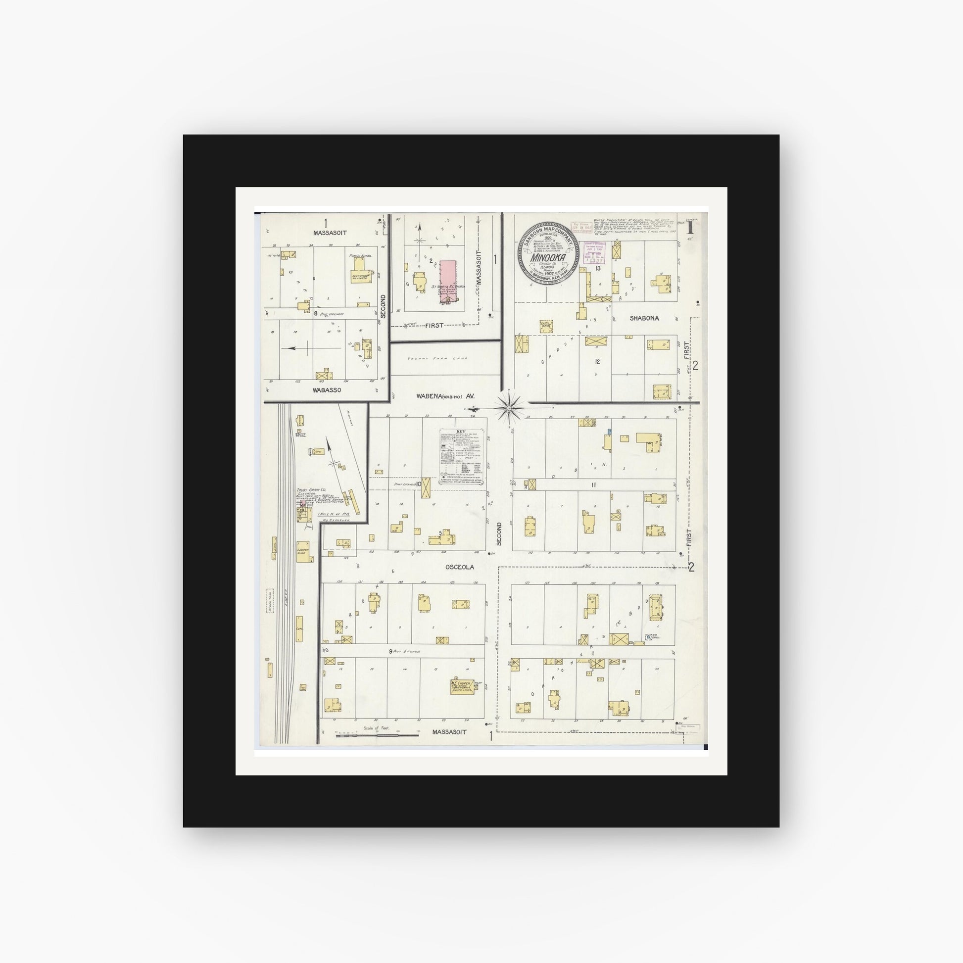 Old map wall art mockup — black gallery frame with white mat — Sanborn Fire Insurance Map from Minooka, Grundy County, Illinois (1907) - Complete Map Set