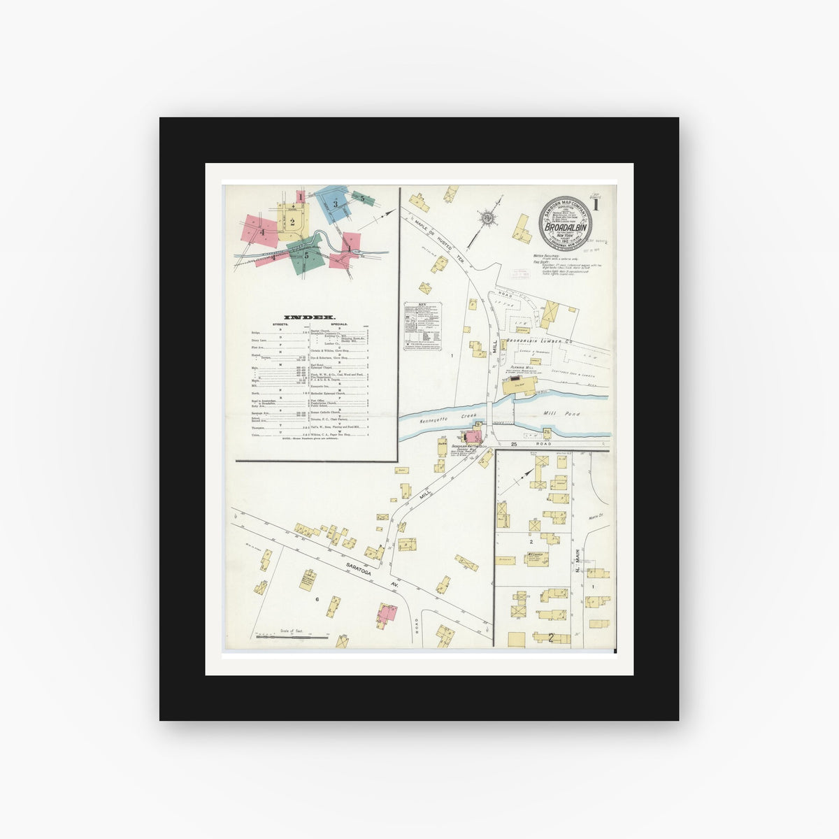 Old map wall art mockup — black gallery frame with white mat — Sanborn Fire Insurance Map from Broadalbin, Fulton County, New York (1912), Sheet #0001