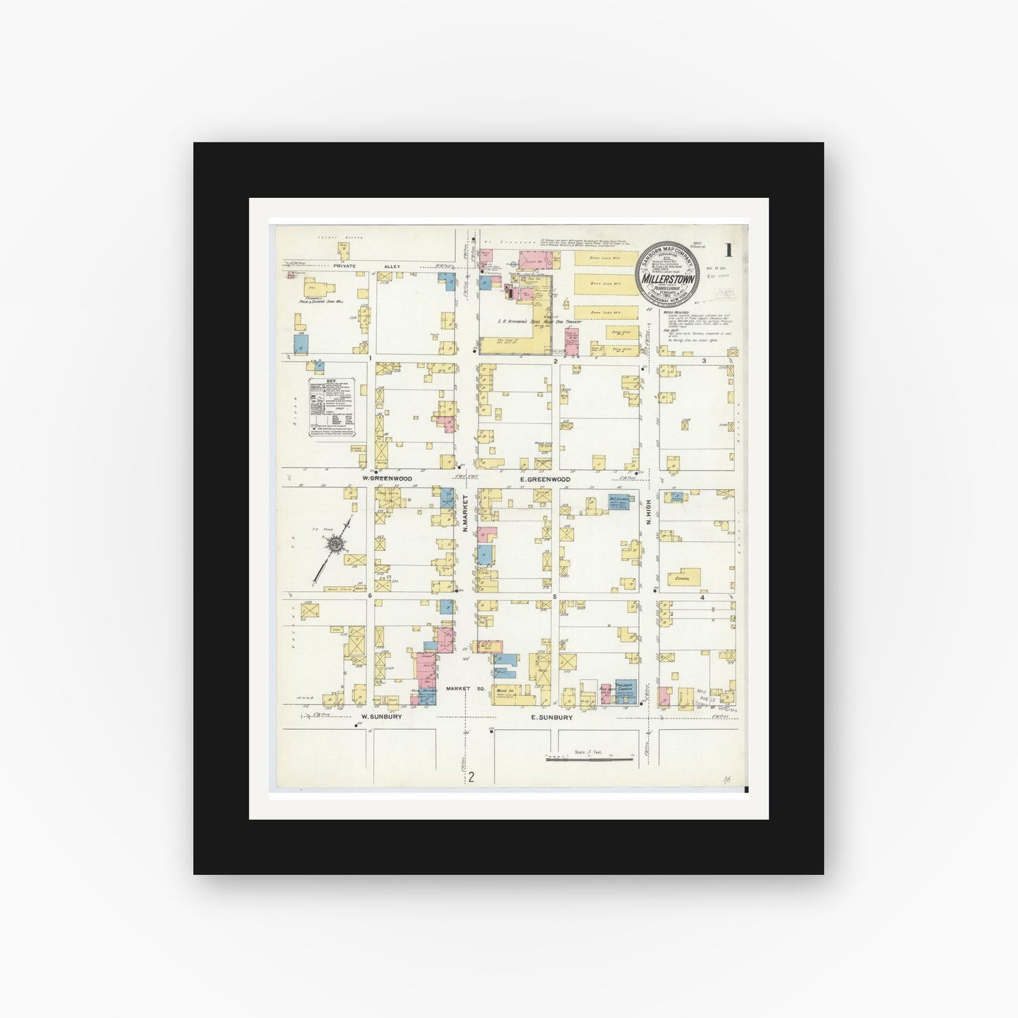 Old map wall art mockup — black gallery frame with white mat — Sanborn Fire Insurance Map from Millerstown, Perry County, Pennsylvania (1911) - Complete Map Set