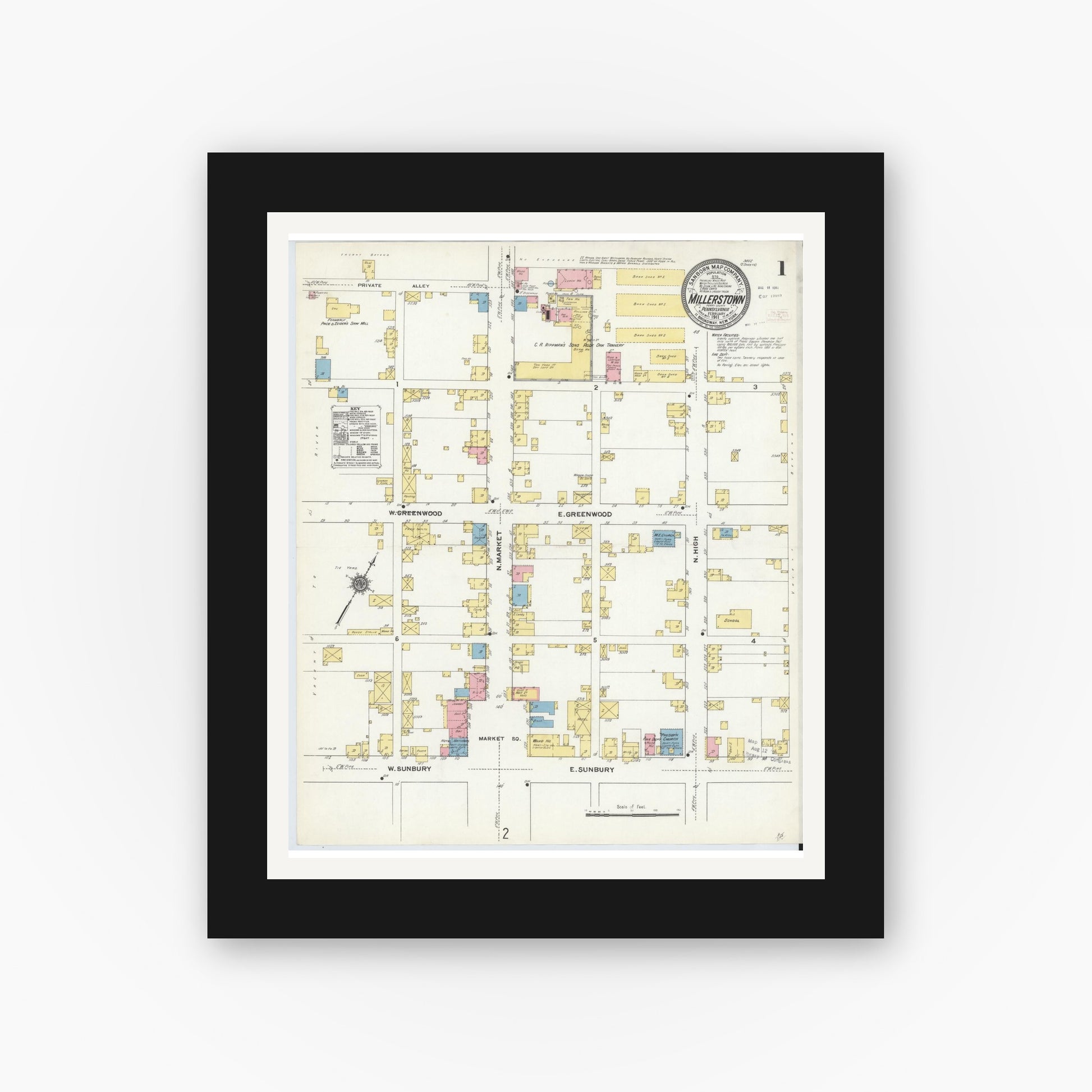 Old map wall art mockup — black gallery frame with white mat — Sanborn Fire Insurance Map from Millerstown, Perry County, Pennsylvania (1911) - Complete Map Set
