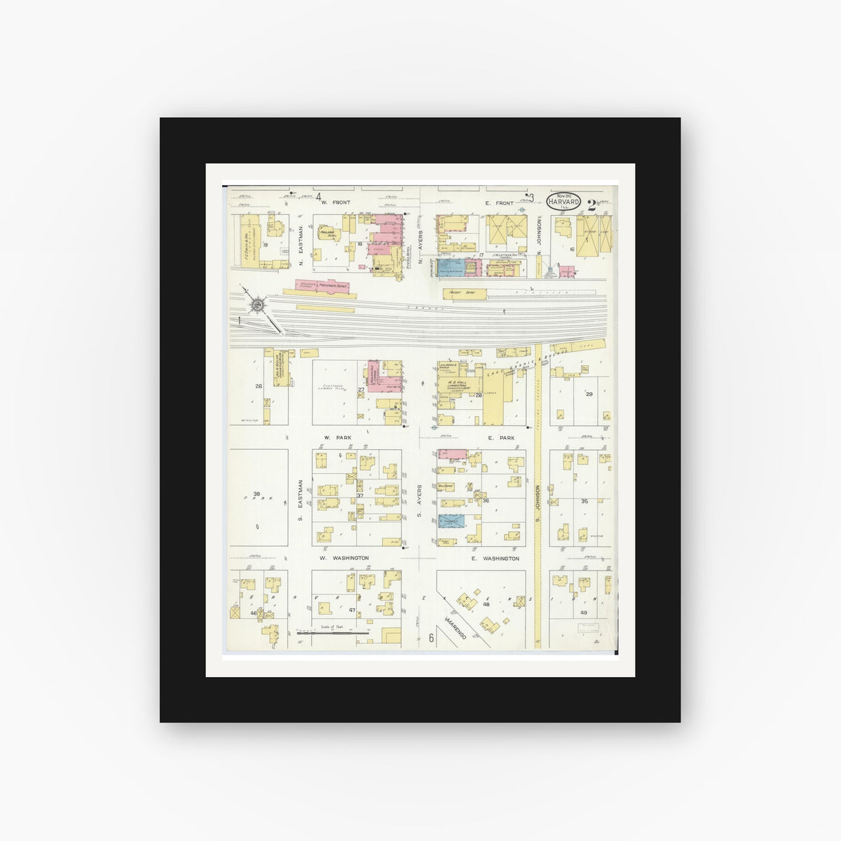 Old map wall art mockup — black gallery frame with white mat — Sanborn Fire Insurance Map from Harvard, McHenry County, Illinois (1912), Sheet #0002