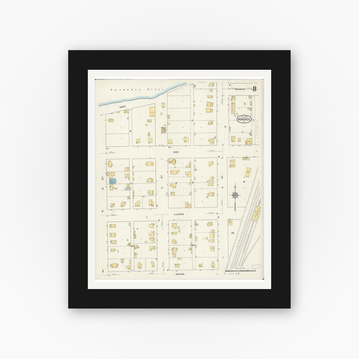 Old map wall art mockup — black gallery frame with white mat — Sanborn Fire Insurance Map from Momence, Kankakee County, Illinois (1913), Sheet #0008