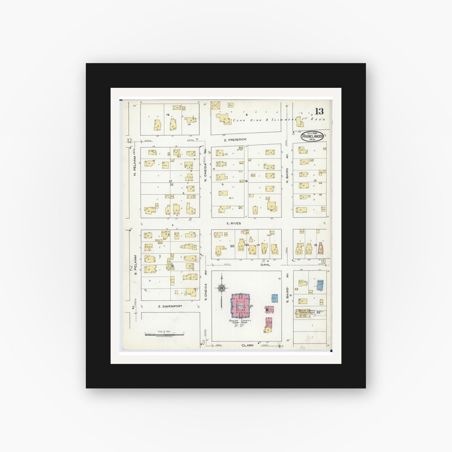 Old map wall art mockup — black gallery frame with white mat — Sanborn Fire Insurance Map from Rhinelander, Oneida County, Wisconsin (1920), Sheet #0013