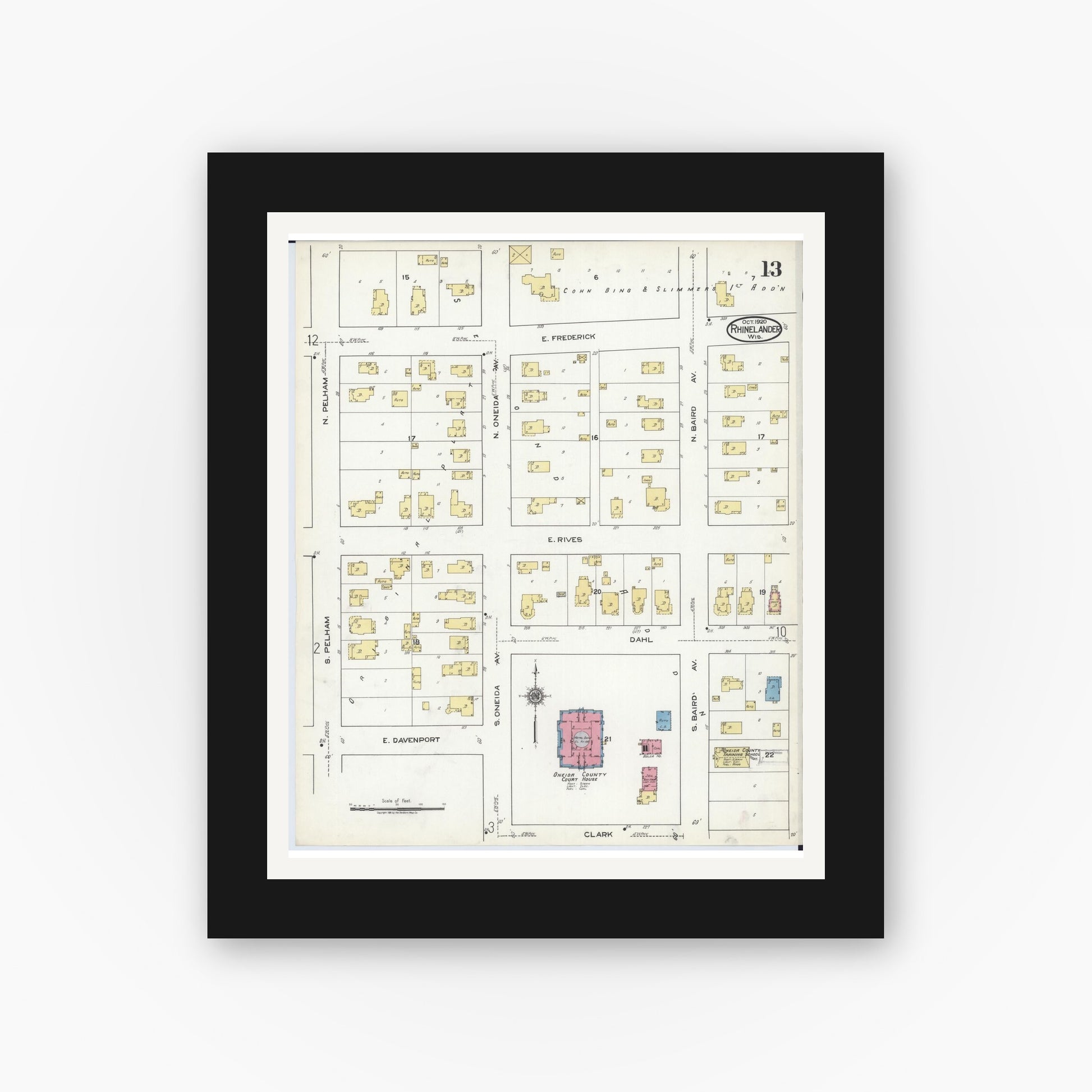 Old map wall art mockup — black gallery frame with white mat — Sanborn Fire Insurance Map from Rhinelander, Oneida County, Wisconsin (1920), Sheet #0013