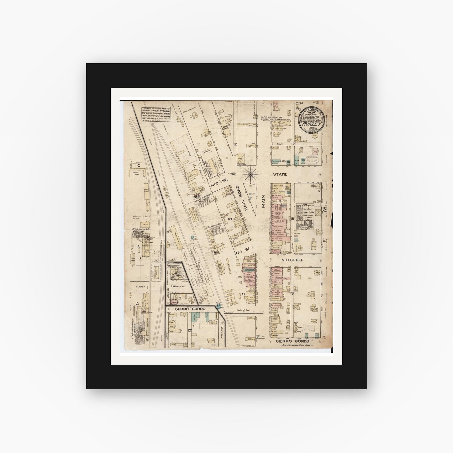 Old map wall art mockup — black gallery frame with white mat — Sanborn Fire Insurance Map from Ackley, Hardin and Franklin Counties, Iowa (1883), Sheet #0001