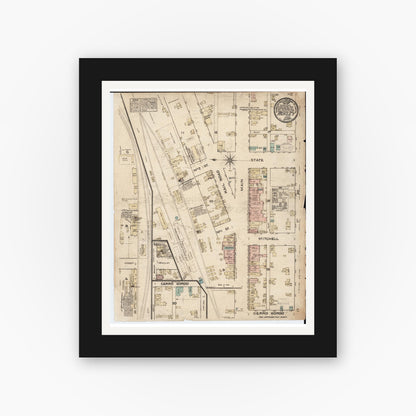 Old map wall art mockup — black gallery frame with white mat — Sanborn Fire Insurance Map from Ackley, Hardin and Franklin Counties, Iowa (1883), Sheet #0001