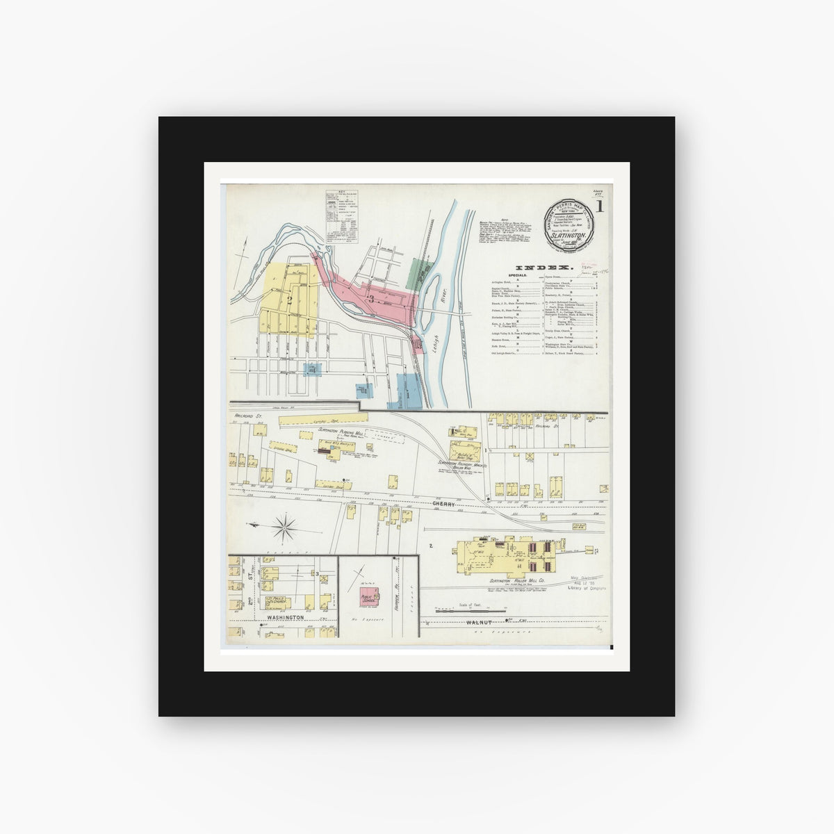 Old map wall art mockup — black gallery frame with white mat — Sanborn Fire Insurance Map from Slatington, Lehigh County, Pennsylvania (1896), Sheet #0001