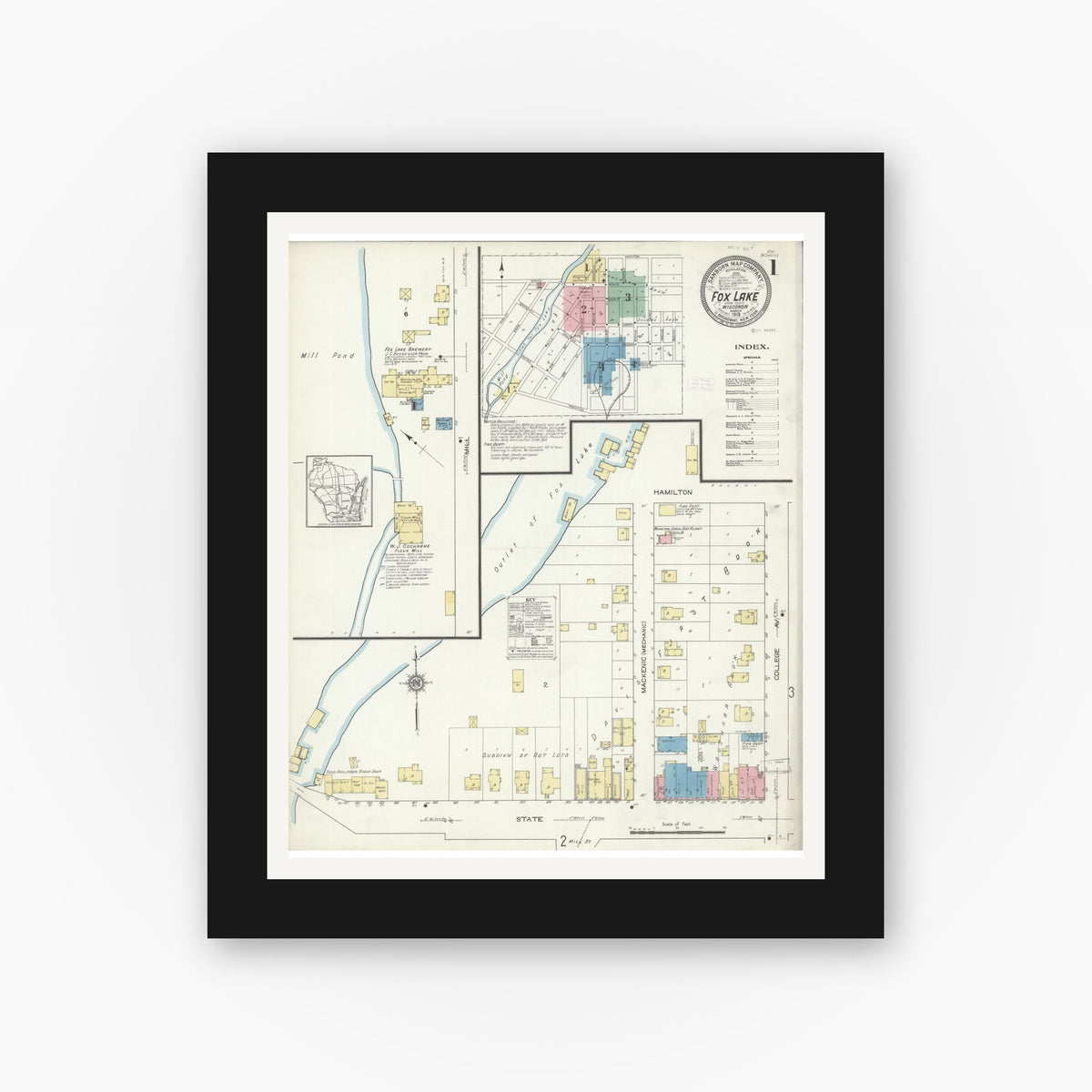 Old map wall art mockup — black gallery frame with white mat — Sanborn Fire Insurance Map from Fox Lake, Dodge County, Wisconsin (1913) - Complete Map Set