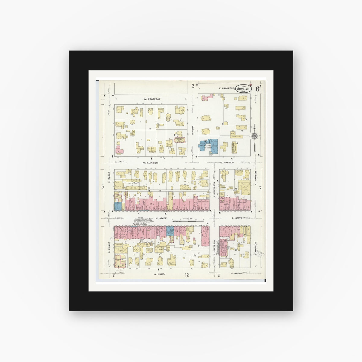 Old map wall art mockup — black gallery frame with white mat — Sanborn Fire Insurance Map from Marshall, Calhoun County, Michigan (1911), Sheet #0006