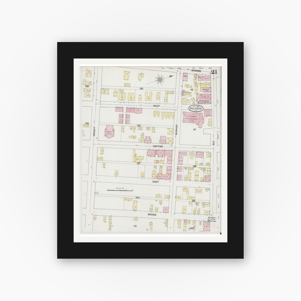 Old map wall art mockup — black gallery frame with white mat — Sanborn Fire Insurance Map from Holyoke, Hampden County, Massachusetts (1889), Sheet #0021