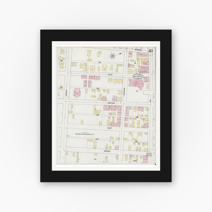 Old map wall art mockup — black gallery frame with white mat — Sanborn Fire Insurance Map from Holyoke, Hampden County, Massachusetts (1889), Sheet #0021