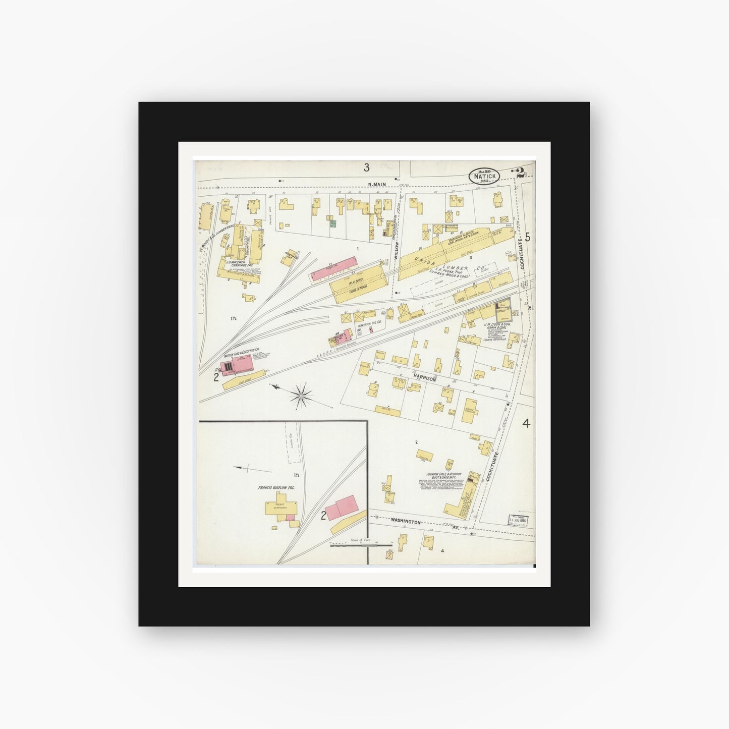Old map wall art mockup — black gallery frame with white mat — Sanborn Fire Insurance Map from Natick, Middlesex County, Massachusetts (1899), Sheet #0002