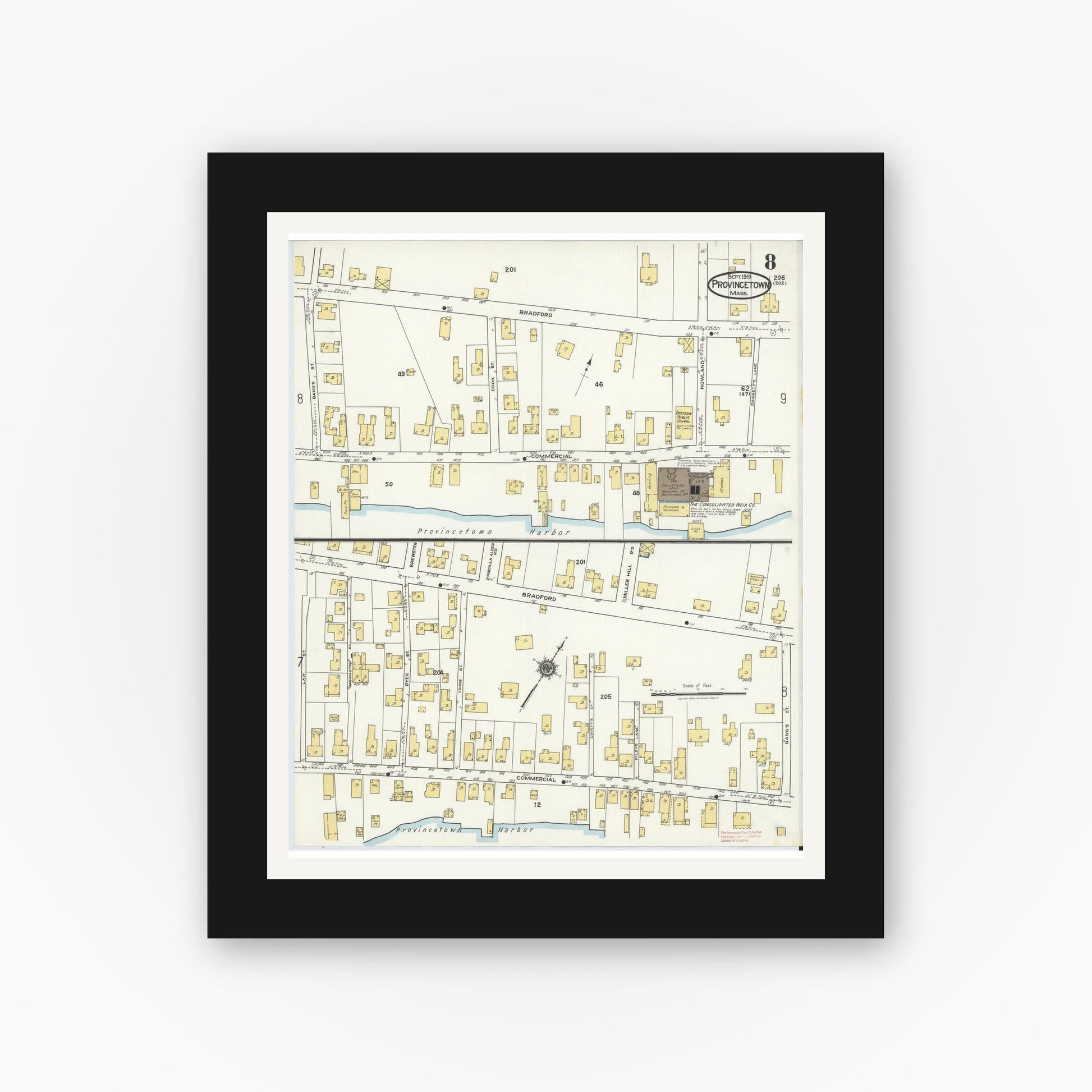 Old map wall art mockup — black gallery frame with white mat — Sanborn Fire Insurance Map from Provincetown, Barnstable County, Massachusetts (1919), Sheet #0008