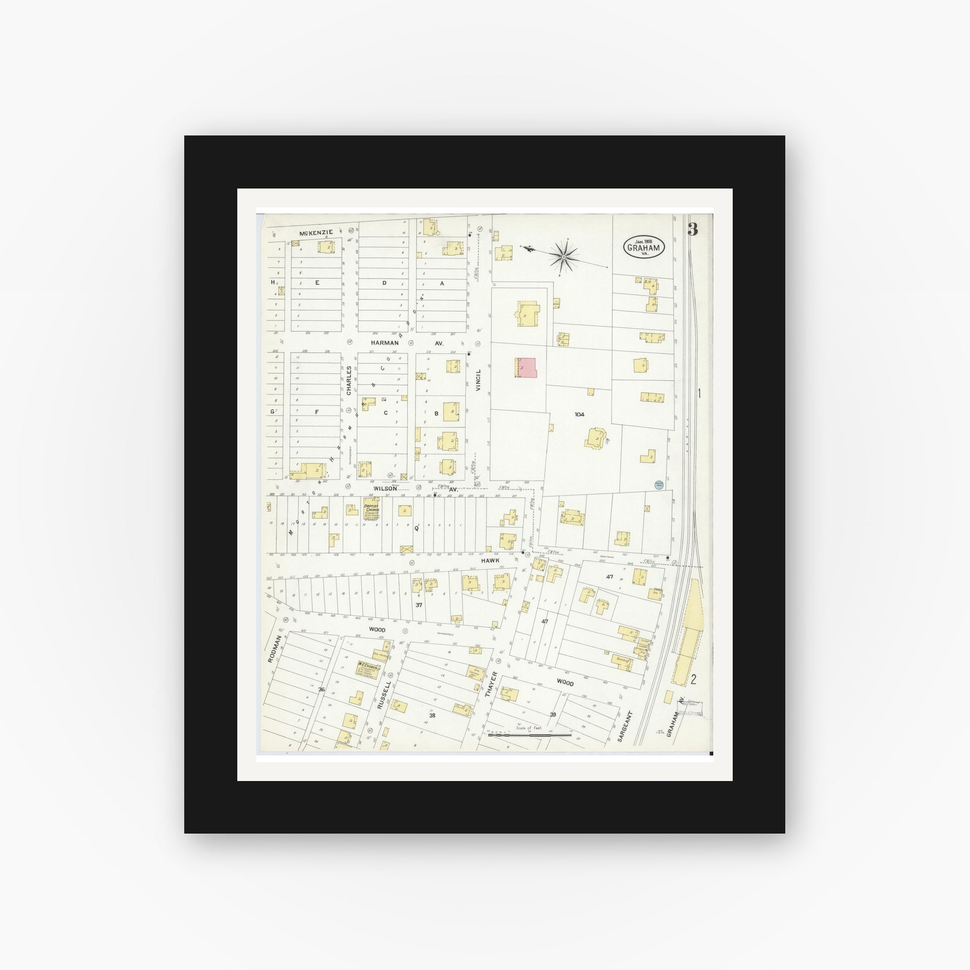 Old map wall art mockup — black gallery frame with white mat — Sanborn Fire Insurance Map from Graham, Tazewell County, Virginia (1908), Sheet #0003