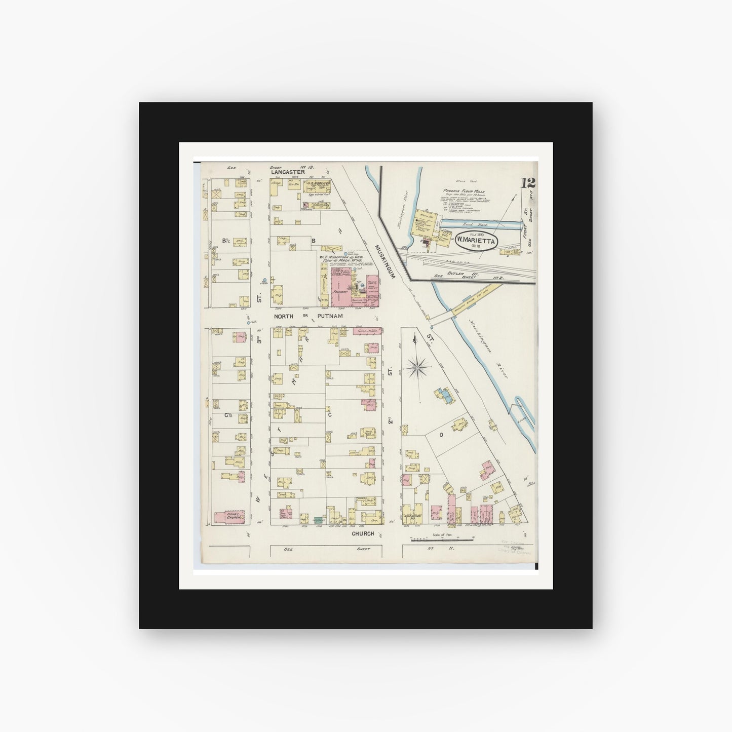 Old map wall art mockup — black gallery frame with white mat — Sanborn Fire Insurance Map from Marietta, Washington County, Ohio (1890), Sheet #0012