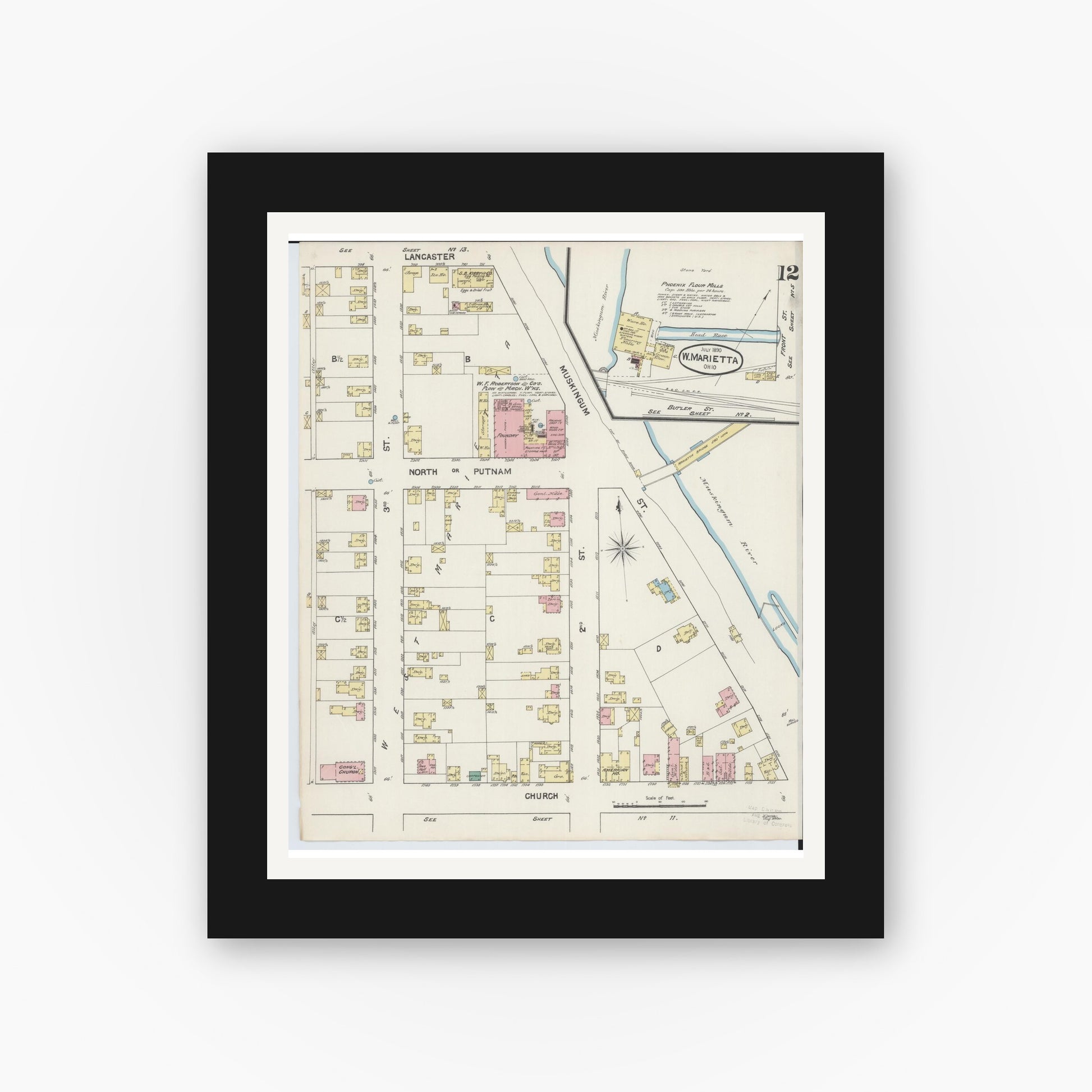 Old map wall art mockup — black gallery frame with white mat — Sanborn Fire Insurance Map from Marietta, Washington County, Ohio (1890), Sheet #0012