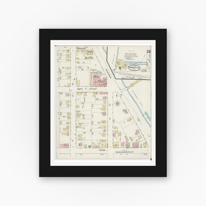 Old map wall art mockup — black gallery frame with white mat — Sanborn Fire Insurance Map from Marietta, Washington County, Ohio (1890), Sheet #0012