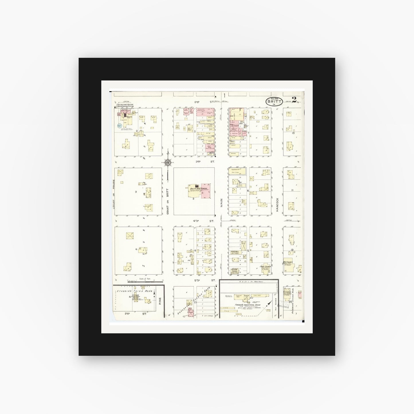 Old map wall art mockup — black gallery frame with white mat — Sanborn Fire Insurance Map from Britt, Hancock County, Iowa (1914), Sheet #0002