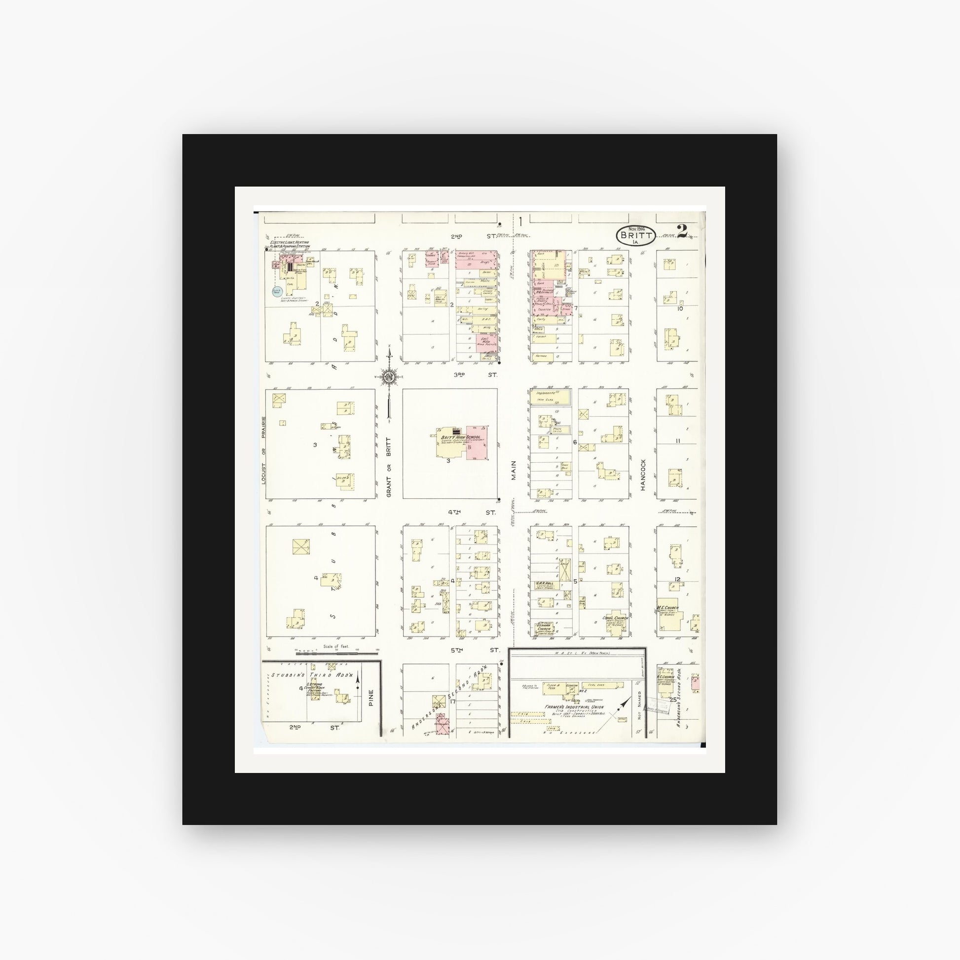 Old map wall art mockup — black gallery frame with white mat — Sanborn Fire Insurance Map from Britt, Hancock County, Iowa (1914), Sheet #0002