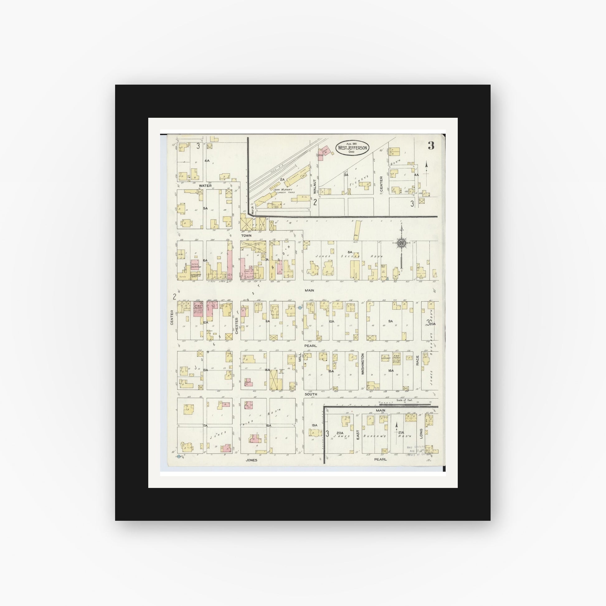 Old map wall art mockup — black gallery frame with white mat — Sanborn Fire Insurance Map from West Jefferson, Madison County, Ohio (1910), Sheet #0003