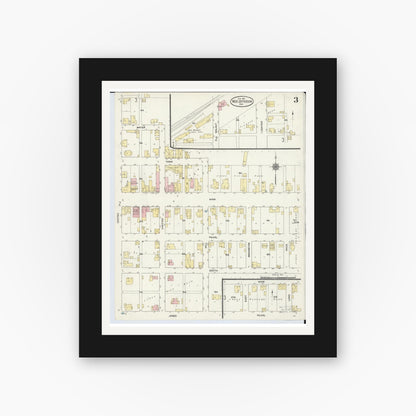 Old map wall art mockup — black gallery frame with white mat — Sanborn Fire Insurance Map from West Jefferson, Madison County, Ohio (1910), Sheet #0003