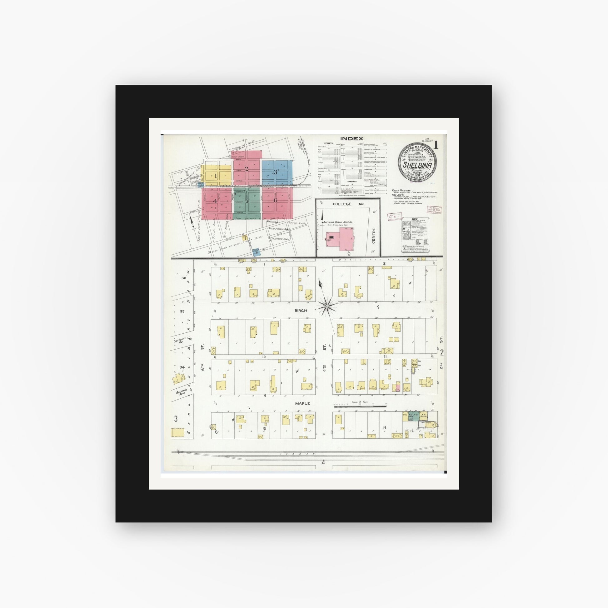 Old map wall art mockup — black gallery frame with white mat — Sanborn Fire Insurance Map from Shelbina, Shelby County, Missouri (1909), Sheet #0001