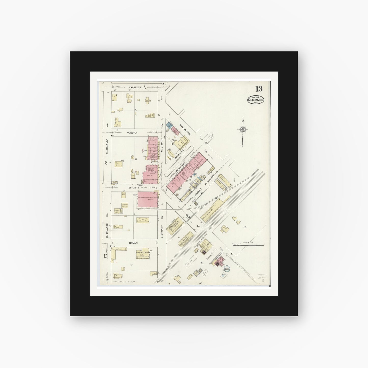 Old map wall art mockup — black gallery frame with white mat — Sanborn Fire Insurance Map from Kissimmee, Osceola County, Florida (1914), Sheet #0013