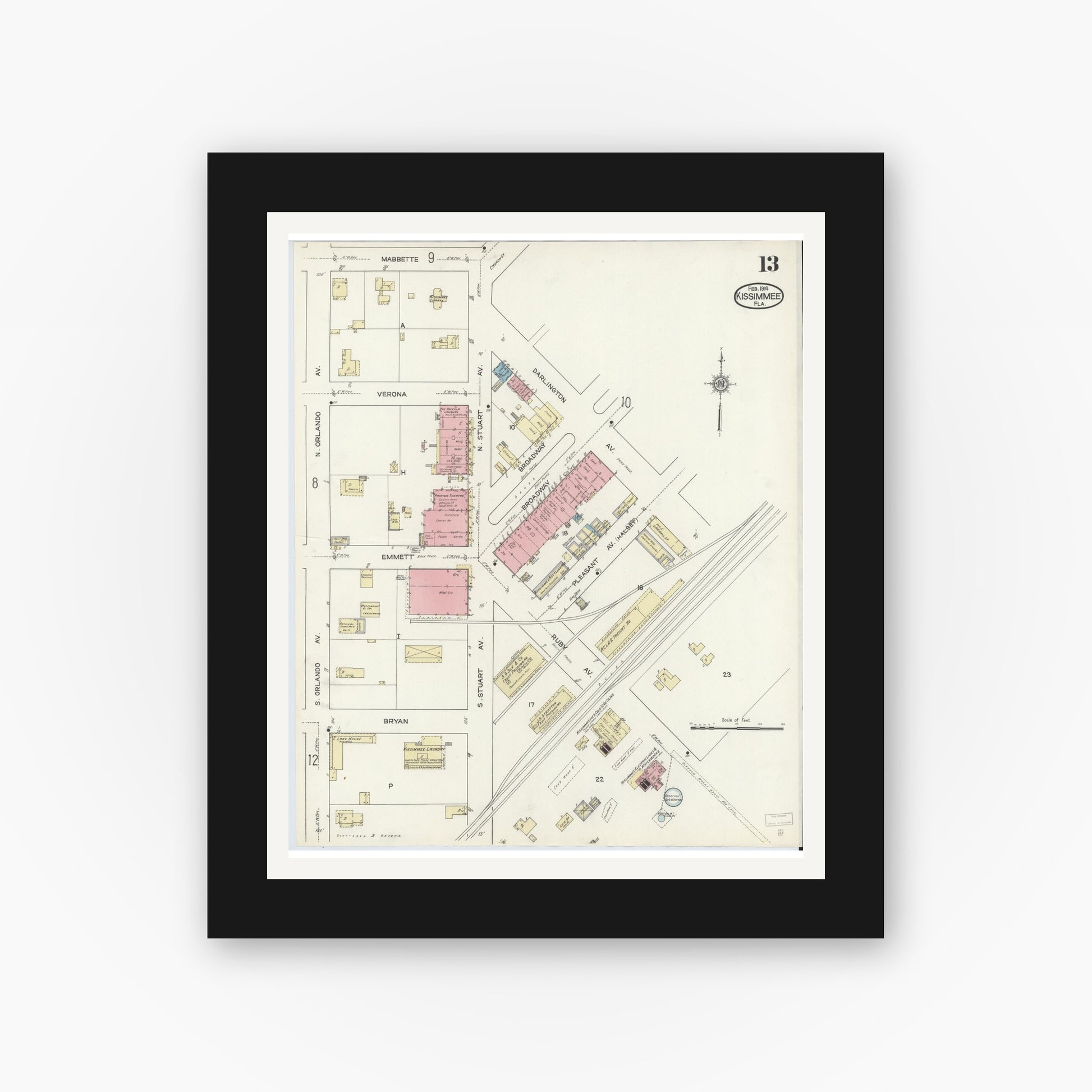 Old map wall art mockup — black gallery frame with white mat — Sanborn Fire Insurance Map from Kissimmee, Osceola County, Florida (1914), Sheet #0013