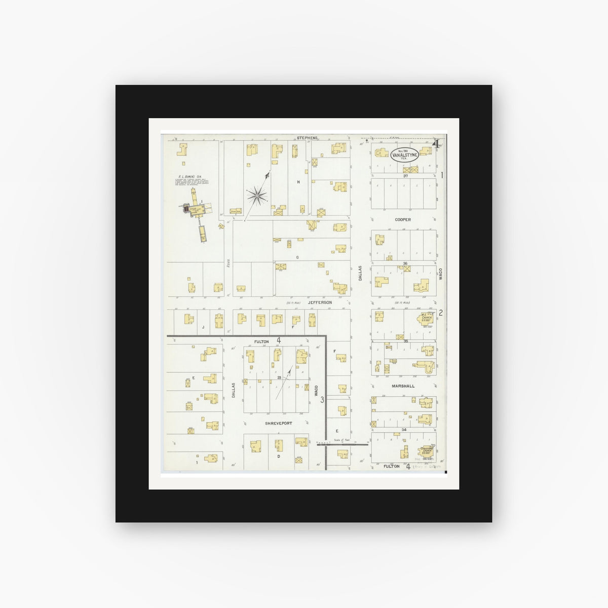 Old map wall art mockup — black gallery frame with white mat — Sanborn Fire Insurance Map from Van Alstyne, Grayson County, Texas (1901), Sheet #0004