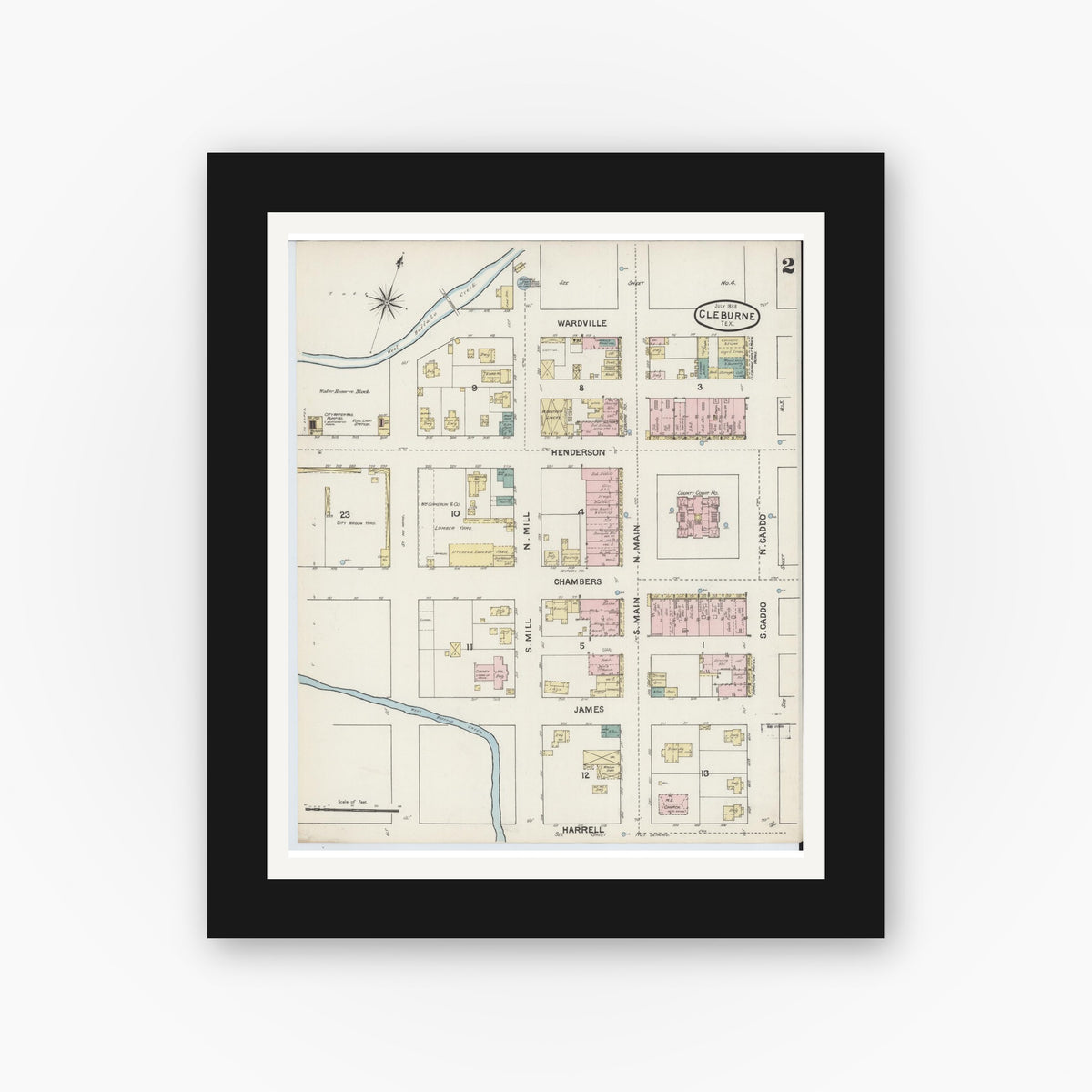 Old map wall art mockup — black gallery frame with white mat — Sanborn Fire Insurance Map from Cleburne, Johnson County, Texas (1888), Sheet #0002