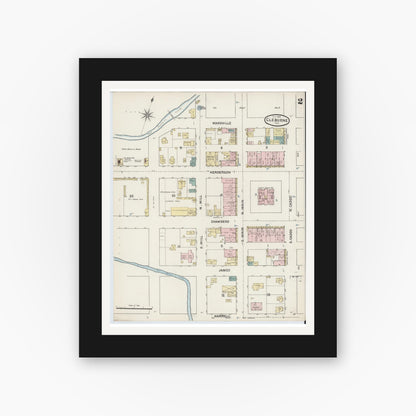 Old map wall art mockup — black gallery frame with white mat — Sanborn Fire Insurance Map from Cleburne, Johnson County, Texas (1888), Sheet #0002