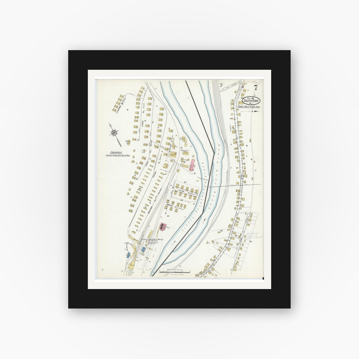 Old map wall art mockup — black gallery frame with white mat — Sanborn Fire Insurance Map from South Fork, Cambria County, Pennsylvania (1916), Sheet #0007