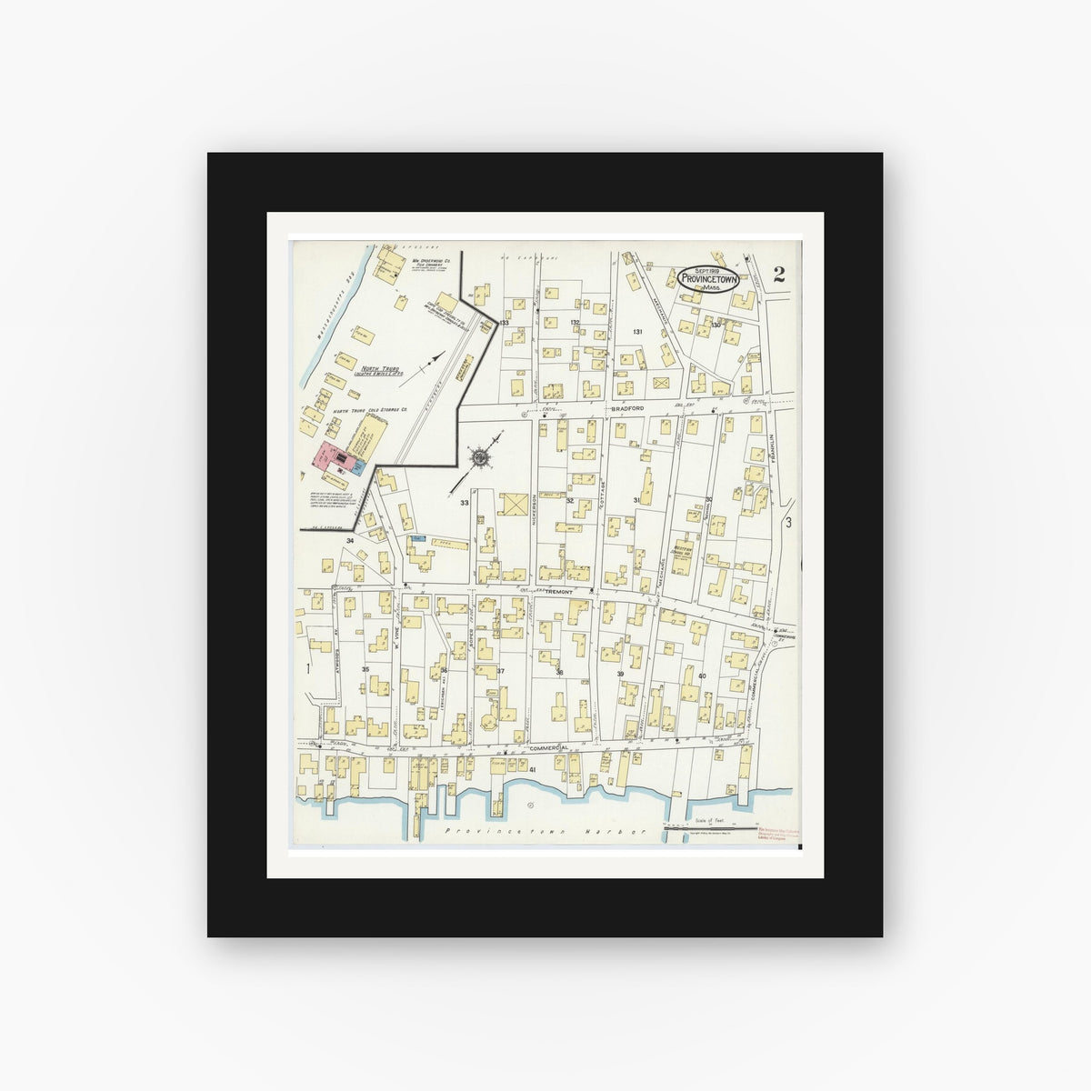 Old map wall art mockup — black gallery frame with white mat — Sanborn Fire Insurance Map from Provincetown, Barnstable County, Massachusetts (1919), Sheet #0002