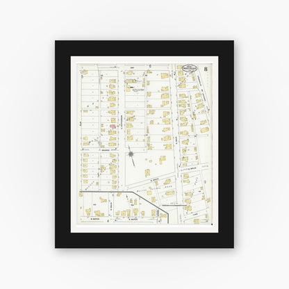Old map wall art mockup — black gallery frame with white mat — Sanborn Fire Insurance Map from Montpelier, Blackford County, Indiana (1910), Sheet #0008