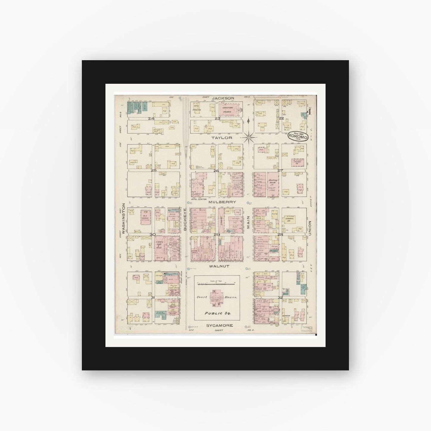 Old map wall art mockup — black gallery frame with white mat — Sanborn Fire Insurance Map from Kokomo, Howard County, Indiana (1885), Sheet #0004