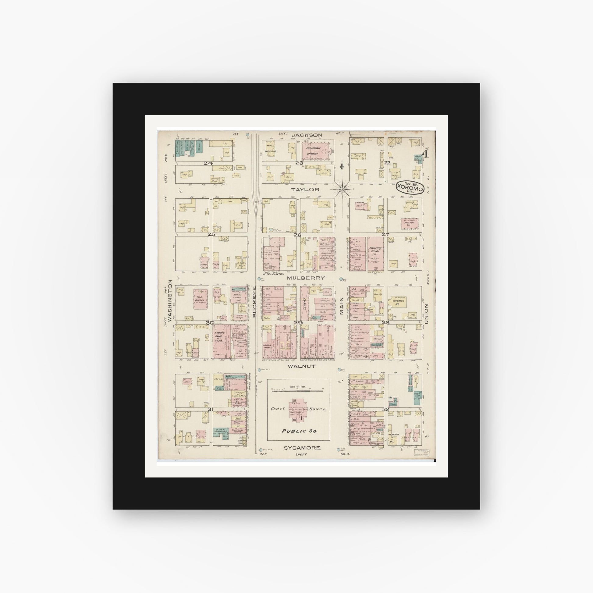 Old map wall art mockup — black gallery frame with white mat — Sanborn Fire Insurance Map from Kokomo, Howard County, Indiana (1885), Sheet #0004