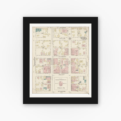 Old map wall art mockup — black gallery frame with white mat — Sanborn Fire Insurance Map from Kokomo, Howard County, Indiana (1885), Sheet #0004