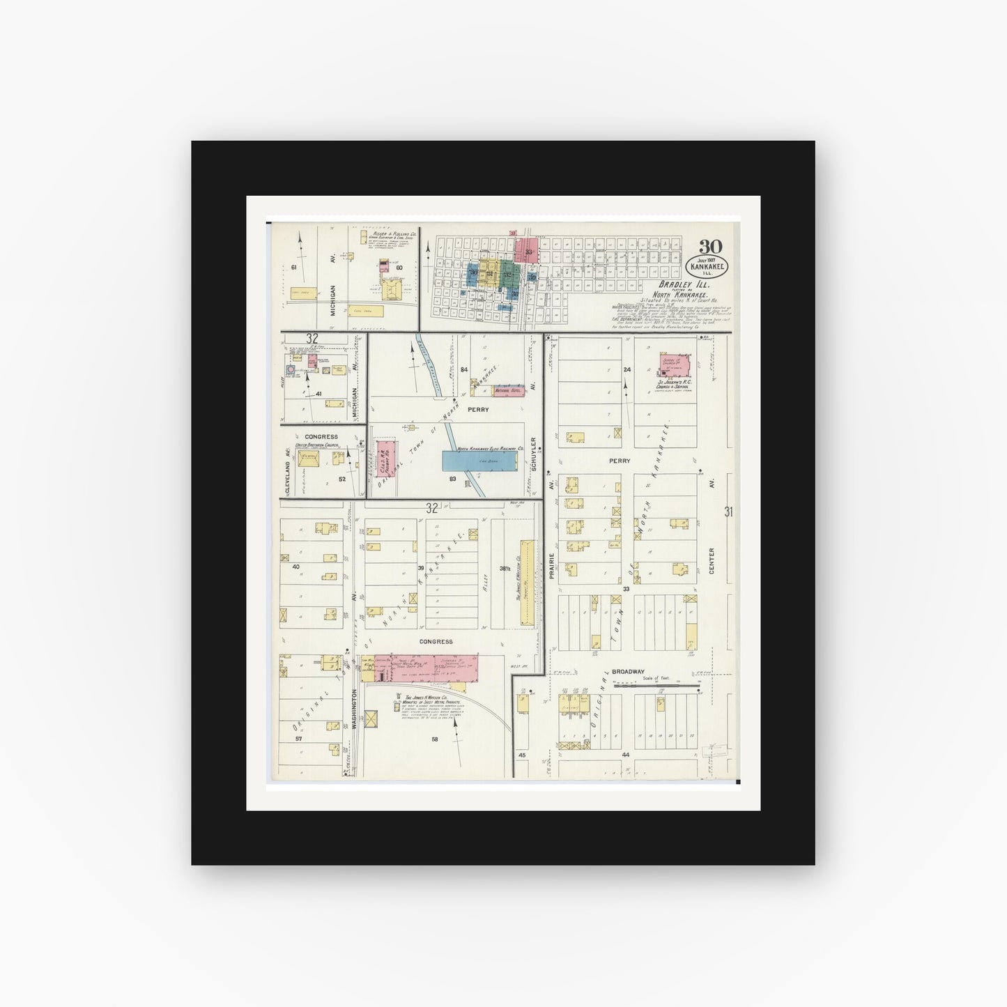 Old map wall art mockup — black gallery frame with white mat — Sanborn Fire Insurance Map from Kankakee, Kankakee County, Illinois (1907), Sheet #0030