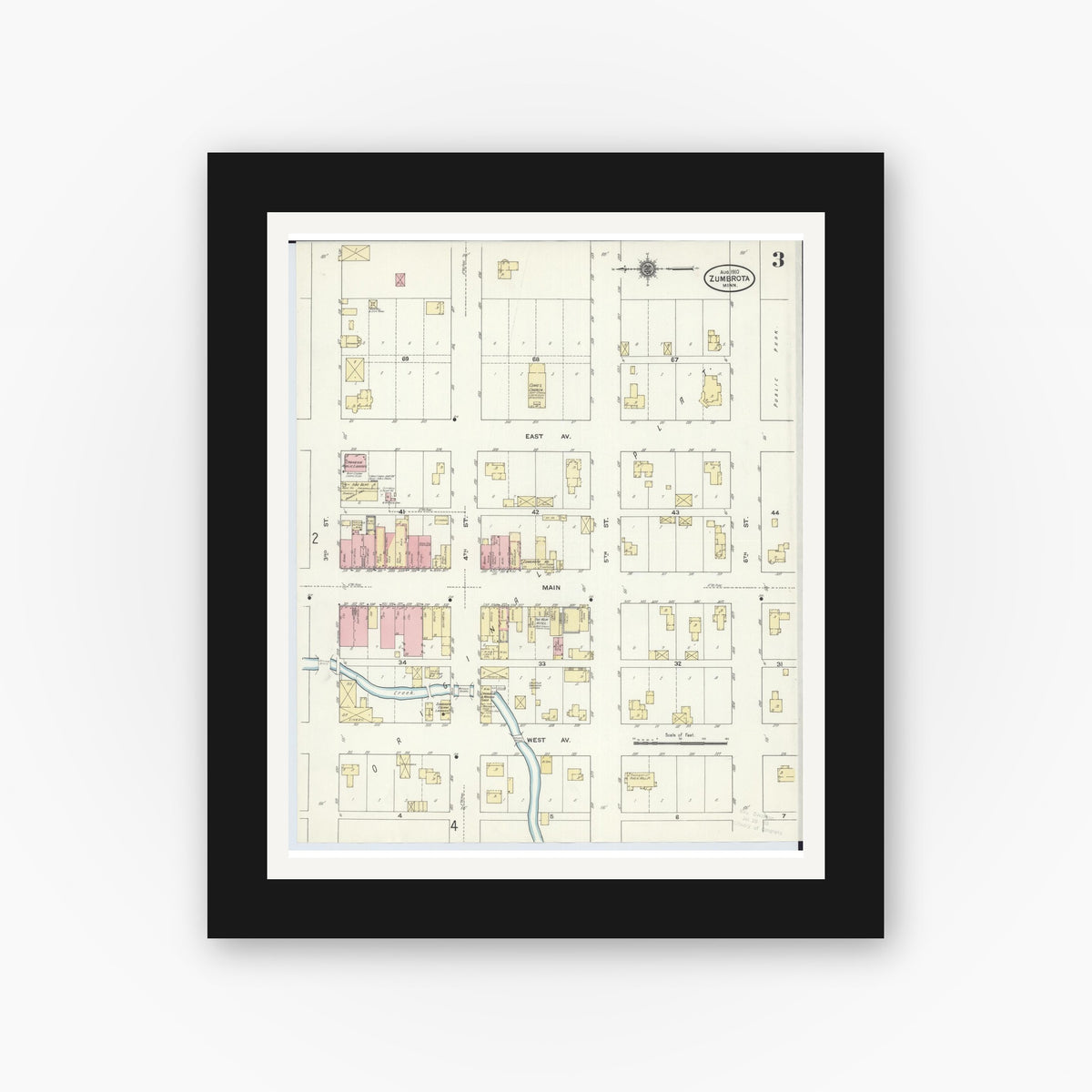 Old map wall art mockup — black gallery frame with white mat — Sanborn Fire Insurance Map from Zumbrota, Goodhue County, Minnesota (1910), Sheet #0003