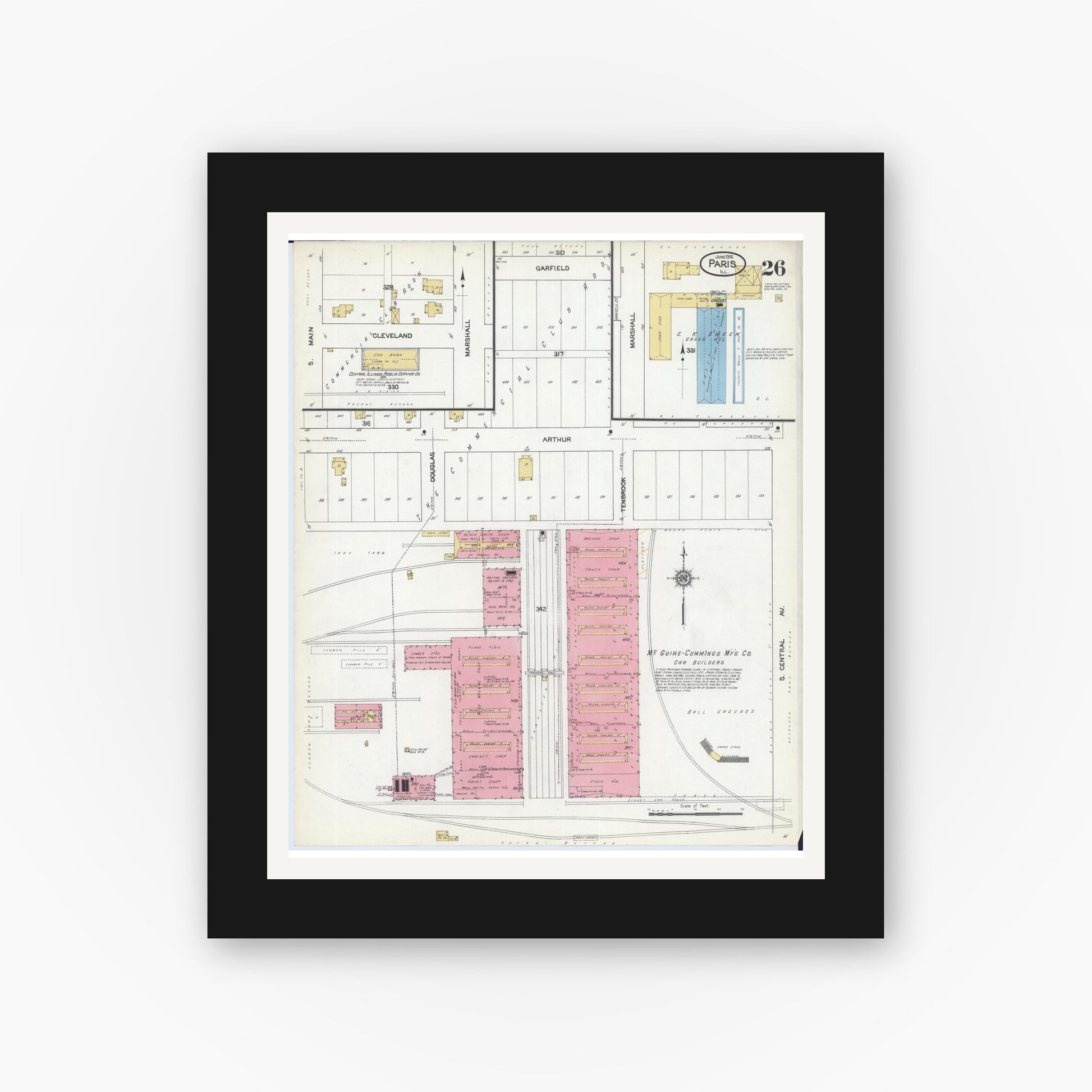 Old map wall art mockup — black gallery frame with white mat — Sanborn Fire Insurance Map from Paris, Edgar County, Illinois (1916), Sheet #0026