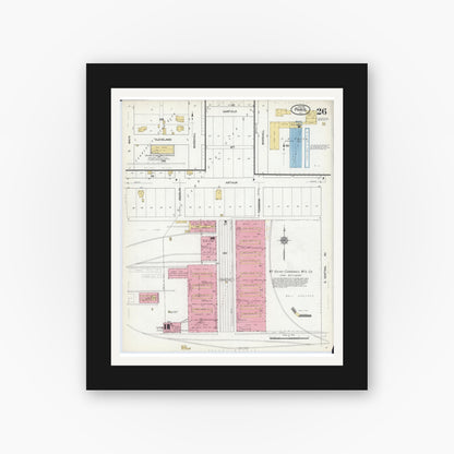 Old map wall art mockup — black gallery frame with white mat — Sanborn Fire Insurance Map from Paris, Edgar County, Illinois (1916), Sheet #0026