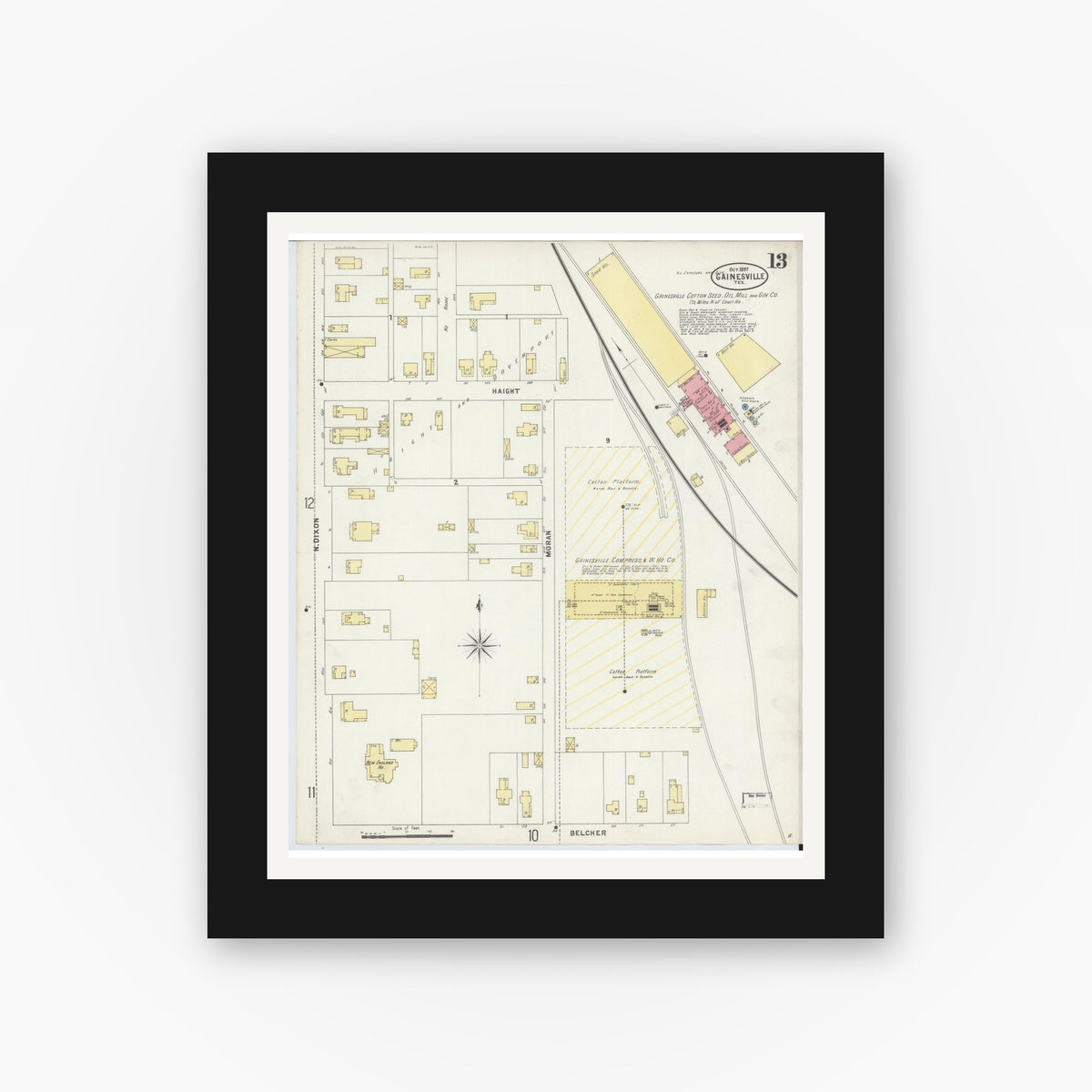Old map wall art mockup — black gallery frame with white mat — Sanborn Fire Insurance Map from Gainesville, Cooke County, Texas (1897), Sheet #0013