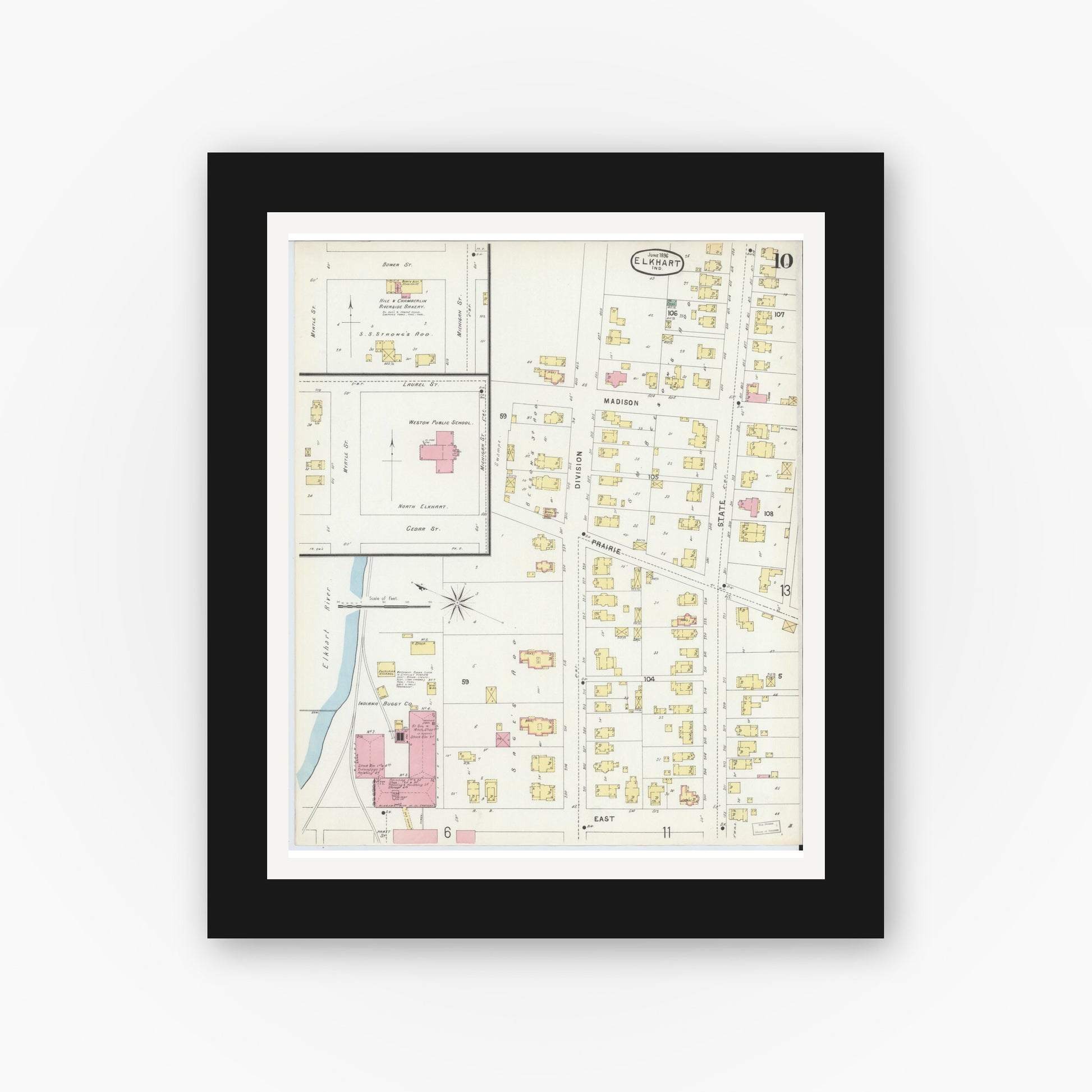 Old map wall art mockup — black gallery frame with white mat — Sanborn Fire Insurance Map from Elkhart, Elkhart County, Indiana (1896), Sheet #0010