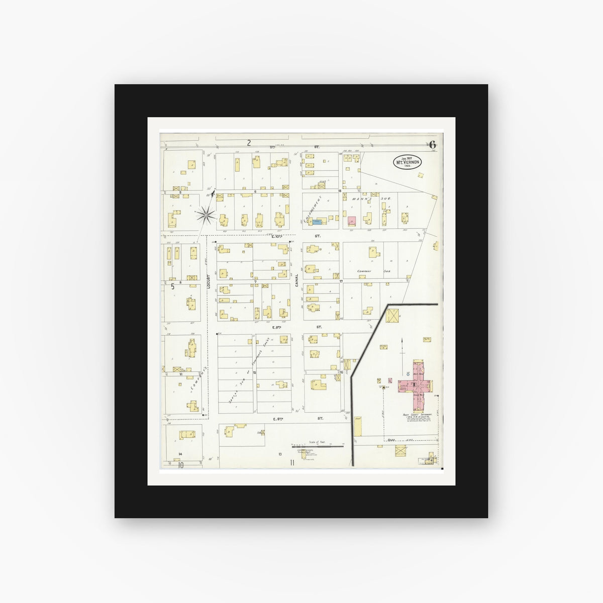 Old map wall art mockup — black gallery frame with white mat — Sanborn Fire Insurance Map from Mount Vernon, Posey County, Indiana (1907), Sheet #0006